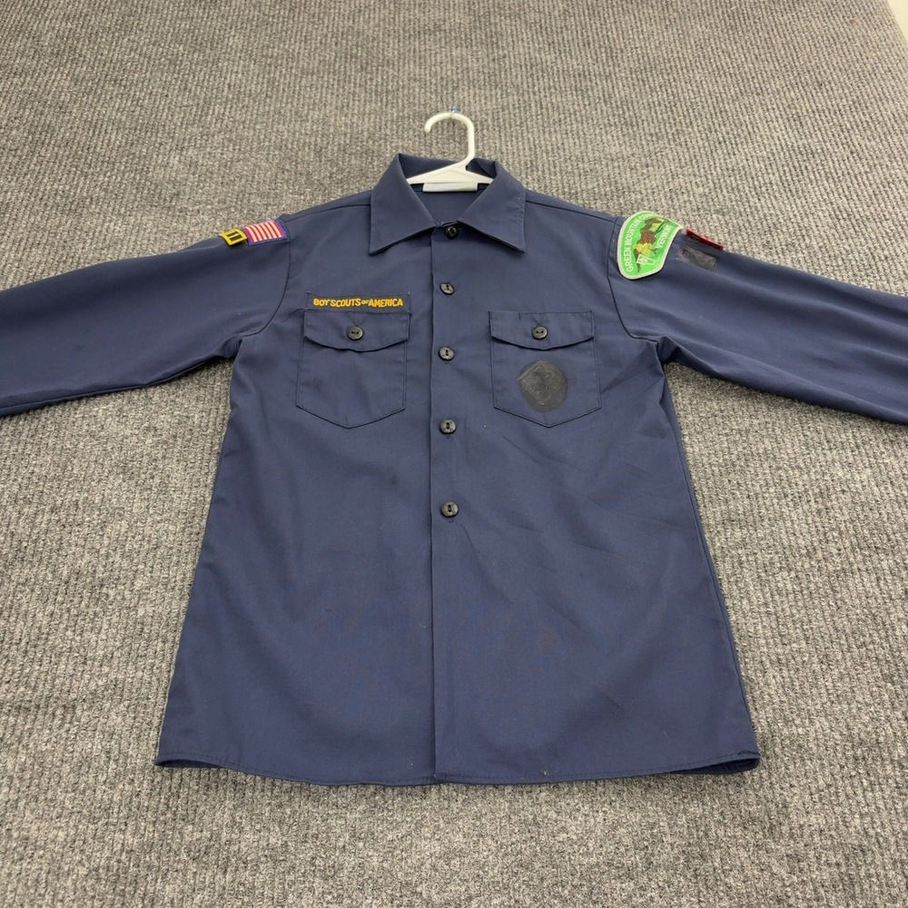 Vintage Boy Scouts of America Shirt Youth M Blue Poly Cotton Patch VT Gorpcore